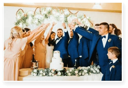Wedding Couple With Bride and Groom Squad at Party